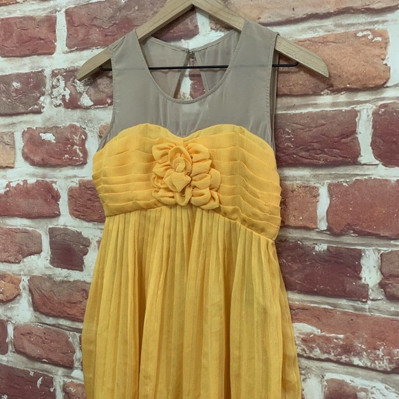 Anthropologie Ark & Co Dress Women's Yellow Tan Sheer Pleated Sleeveless Zip Up - Picture 3 of 8
